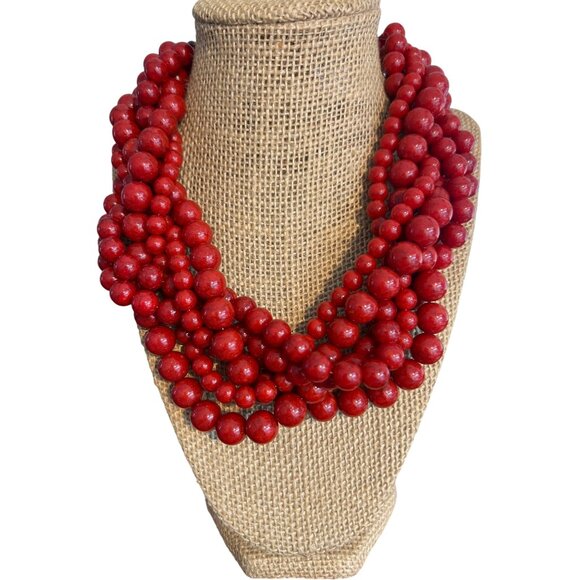 Bold Red MultiStrand Beaded Necklace Braided Silver Tone Adjustable Collar - Picture 1 of 5